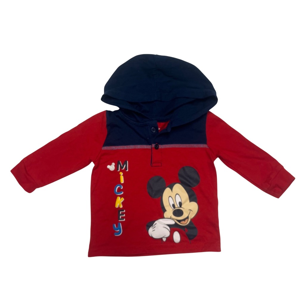 Disney Baby Mickey Mouse Red Navy Blue Hooded Henley Shirt 3-6M